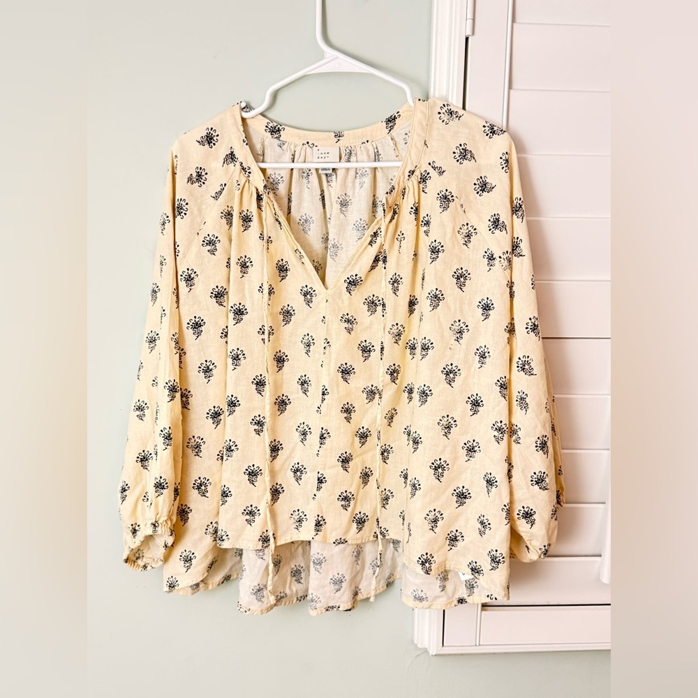 A New Day Floral Peasant Blouse XL Cream Linen Blend Cottagecore